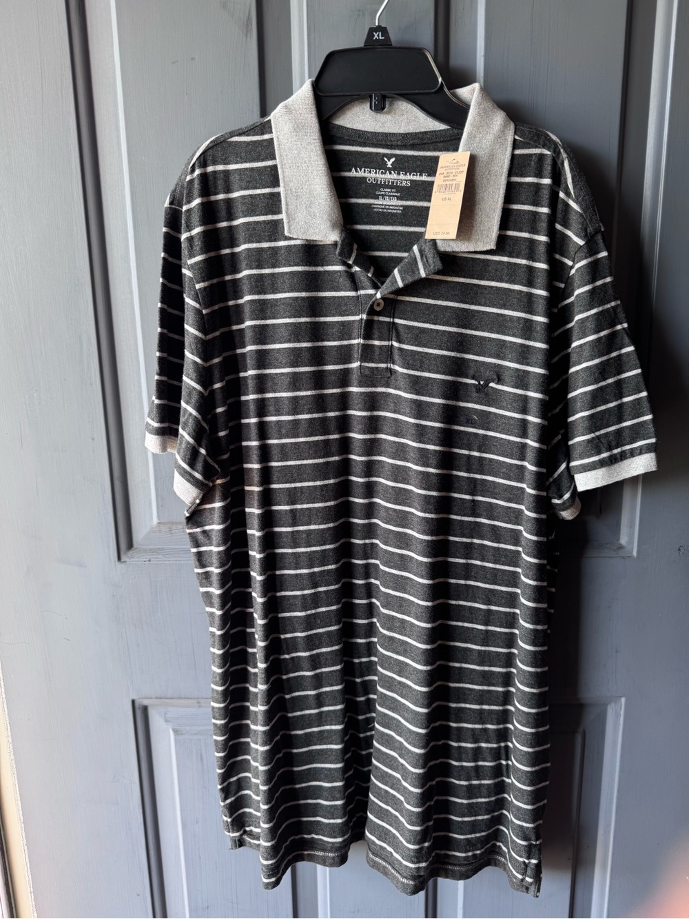 American Eagle Outfitters Black & Gray Striped Polo